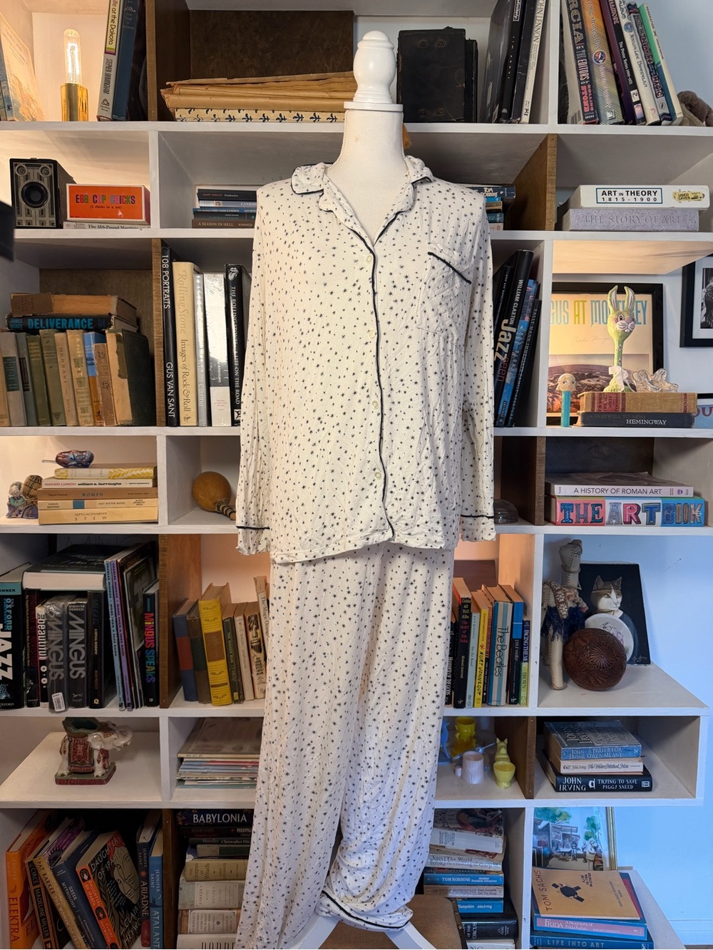 Eberjey Cream Pajama Set with Black Piping and Dot Print